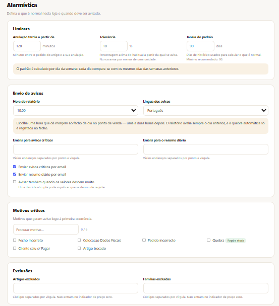 Definição de limiares, motivos críticos, avisos por email e exclusão de dias excecionais